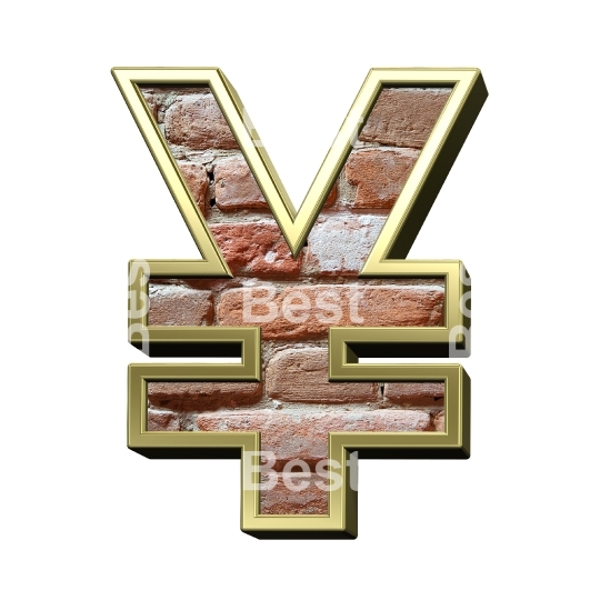 Yen sign from old brick with gold frame alphabet set, isolated on white.