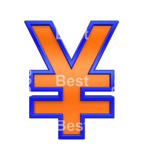 Yen sign from orange with blue frame alphabet set, isolated on white.  orange with blue frame alphabet set, isolated on white. 