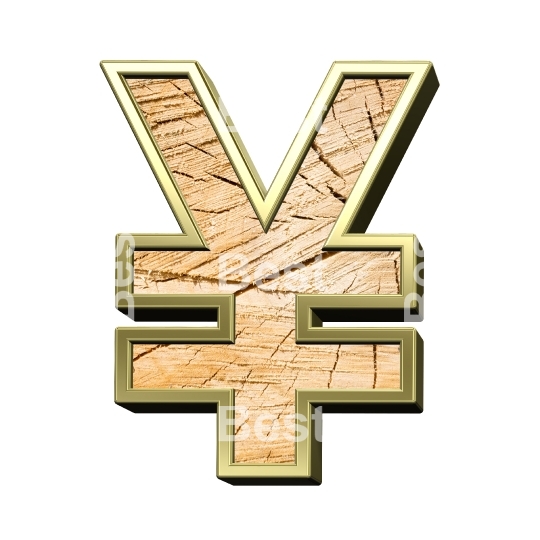 Yen sign from pine wood with gold frame alphabet set isolated over white.