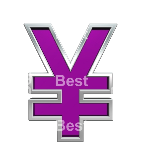 Yen sign from purple glass with chrome frame alphabet set, isolated on white.