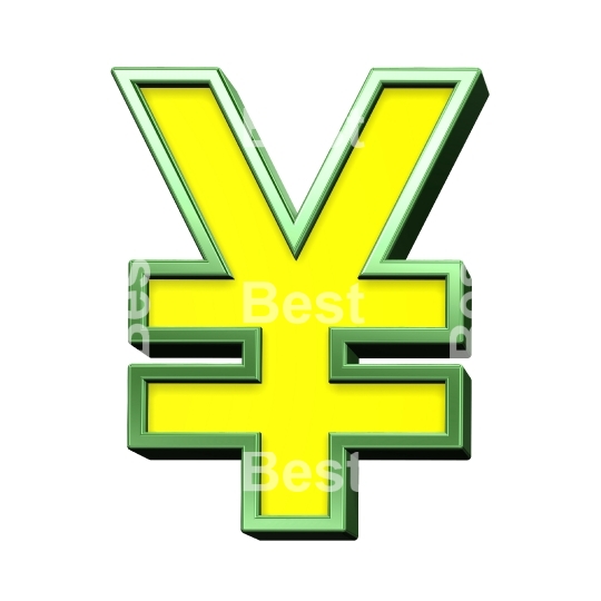 Yen sign from yellow with shiny green frame alphabet set, isolated on white. 