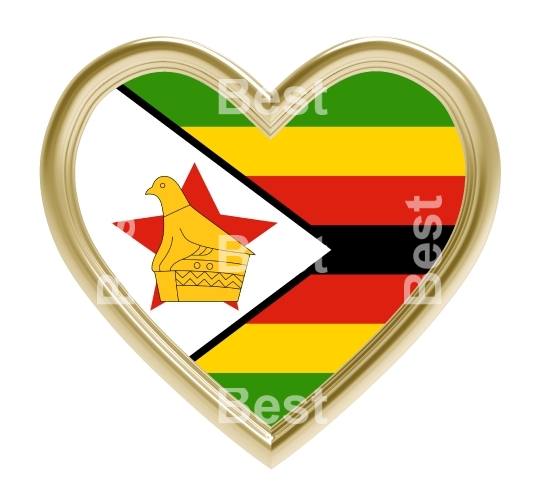 Zimbabwe flag in gold heart isolated on white background