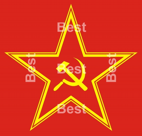 Communist red star with hammer and sickle on red background.