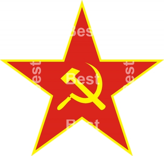 Communist red star with hammer and sickle on white background.