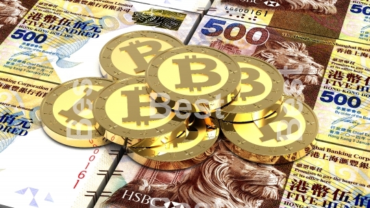 Stack of bitcoins with Hong Kong dollar bills